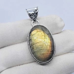 Gemma Labradorite Argento Sterling 925 Placcato Ciondolo Gioielli 2" - Foto 1 di 6