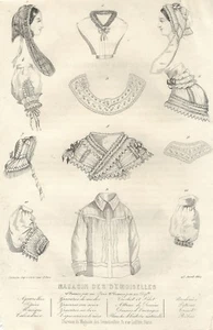 Stampa antica MODA FRANCESE CUFFIE E ALTRI DETTAGLI 1860 Old Antique print - Picture 1 of 1