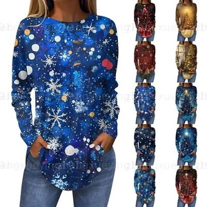 Women Gift Xmas Christmas Ladies Long Sleeve Blouse Party Tops Pullover T Shirt - Picture 1 of 42