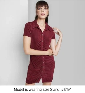 Women's Short Sleeve Button Front Bodycon Knit Dress Wild Fable Berry Red - L - Picture 1 of 5