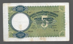 1939-44 Albania Albanian Paper Money, 5FR Italy & Germany Occupation. R - Picture 1 of 2