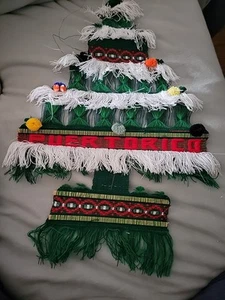 Vintage Woven Pom Pom Fringe Christmas Tree Wall Hanging Mid Century Textile Art - Picture 1 of 4