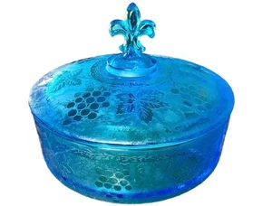 VINTAGE ANTIK 20er JAHRE DEPRESSION FOSTORIA BLAU GLAS 3-TEILIG BEDECKT BONBONIERE - Bild 1 von 21