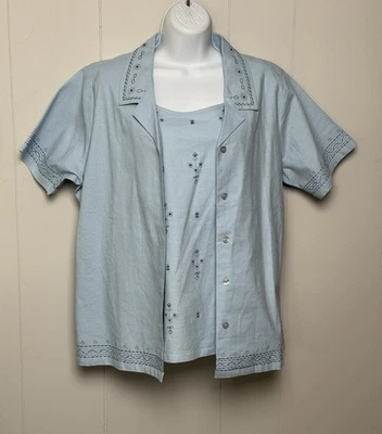 Conjunto de 2 peças regata e manga curta denim&Co azul claro mistura de linho tamanho G - Imagem 1 de 4