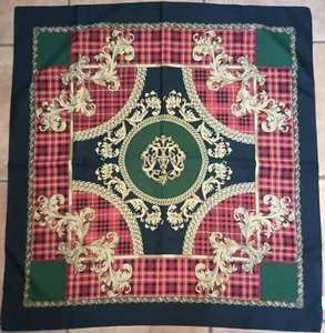 Sciarpa Vintage Italia Poliestere Quadrato 30” Plaid Rosso Tartan Blu Verde Barocco Oro - Foto 1 di 4