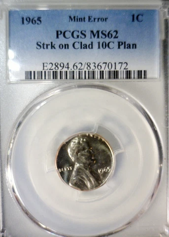1965 ERROR PCGS MS62 Off Metal Lincoln Cent on DIME Wrong PLANCHET CH BU Coin NR Cover