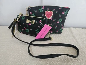 NWT Betsey Johnson Floral Crossbody Purse Clam Pouch ROSEBUD 2 PC SET Pink Black - Picture 1 of 18