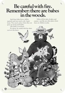 1973 SMOKEY THE BEAR & Baby Racoon Fox Fawn Rabbit DECORATIVE REPLICA METAL SIGN - Picture 1 of 1