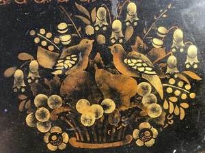 19TH C. ANTIQUE TIN TOLEWARE TRAY STENCILED PARTRIDGES AND PEARS IN A BASKET - Picture 1 of 3