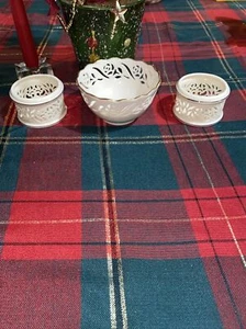 2 Lenox Illuminations- Pierced Votive Candle Holder Ivory 24K Trim & Candy Dish - Picture 1 of 9