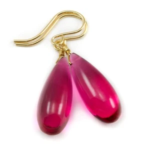 Hot Pink Simulated Sapphire Earrings Smooth Teardrops Sterling 14k Solid Gold - Picture 1 of 4