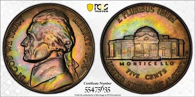 MS66 1956-D 5C Jefferson Nickel, PCGS Trueview-Álbum Pretty Rainbow Tonificado Foto 1 de 4