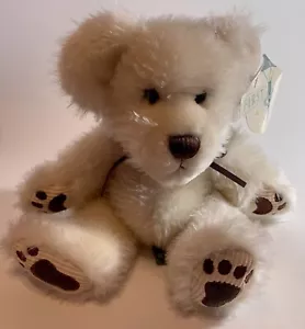 THE FIRST AND MAIN SHAGGY WHITE TEDDY BEAR BROWN LEATHER BOW BRUMMEL BEAR PLUSH - Picture 1 of 4