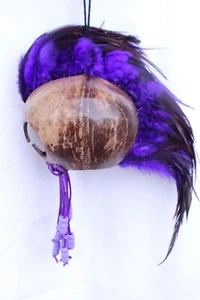 Purple Feathers Ikaika Hawaiian Warrior Helmet 2.5" Coconut Brown Car Decor - Picture 1 of 5