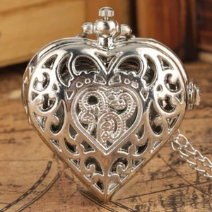 Sweet Heart Shaped Quartz Analog Pocket Watch - White Dial, Retro Gift for Her - Picture 1 of 16