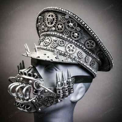 Gorra Capitán Steampunk Plateada Metálica con Cubierta Bocal Robot Plateada Máscara Halloween Foto 1 de 4