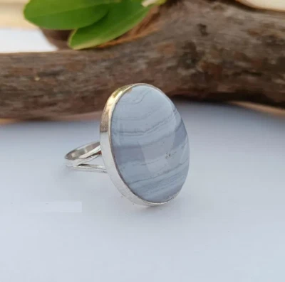 Anillo Ágata Encaje Azul Plata de Ley 925 Hecho a Mano Anillo de Aniversario Todas las Tallas R323 Foto 1 de 4