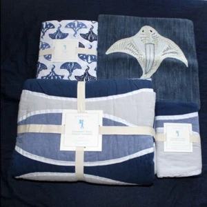 Pottery Barn Kids Stingray Sheet Set twin Coastal Wave Quilt sham ocean navy 6pc - Picture 1 of 6