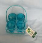 New Blue Roots & Shoots 4 Glass Tea Light Holder + Metal Stand + Handle Free P&P