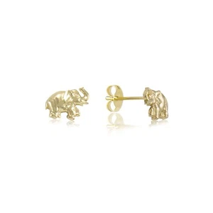 14K Solid Yellow Gold Elephant Stud Earrings - Good Luck Lucky Dia Cut Women Men - Picture 1 of 2