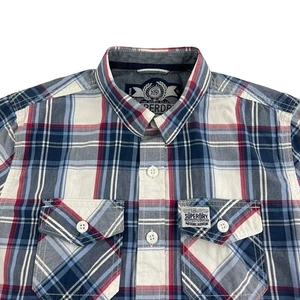 Superdry Button Front Shirt Men's Medium Plaid Short Sleeve White Blue Red - Picture 1 of 5