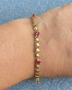 10K Yellow Gold Lab Ruby Stone Hearts Tennis Bracelet - Picture 1 of 10