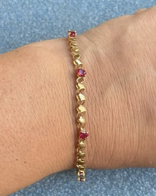 10K Yellow Gold Lab Ruby Stone Hearts Tennis Bracelet - Image 1 of 4