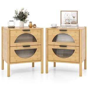 Bamboo Nightstand Set of 2 w/ 2 Drawers & Reeded Tempered Glass Fronts Bedroom - Picture 1 of 10