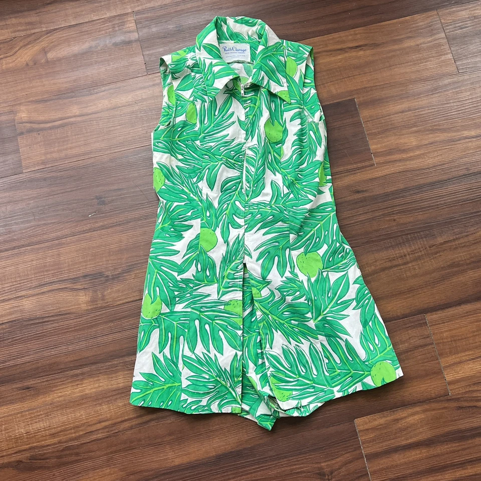 Vintage Ruth Clarage Green Palm Leaves + Lime Tunic + Hot Shorts Resort Set XS - Image 1 of 4
