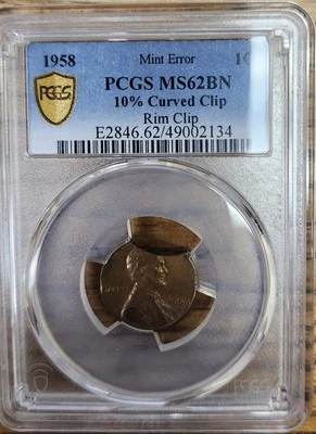 1958 1C Lincoln Cents MS62 BN Mint Error Curved Clip 10% - Image 1 of 2