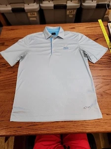 Polo geométrico Greg Norman ML75 Troon North para hombre PEQUEÑO S/S azul/blanco usado en excelente estado. GB37 - Imagen 1 de 9