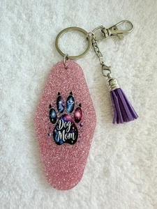 Pink Glitter Dog Mom Paw Keychain Sparkly Tassel Accessory Gift - Picture 1 of 3