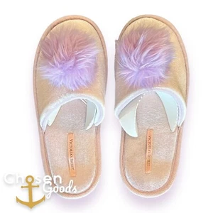 Victorias Secret Slippers Lavender Soft Fuzzy Pom-Pom Velvet Purple Medium 7-8 - Picture 1 of 9