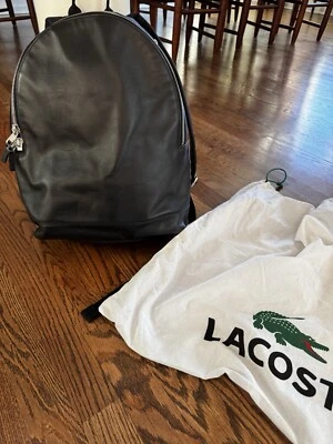 Super Rare Lacoste Small Black Leather Backpack Silver Zipper Slim - Image 1 of 4