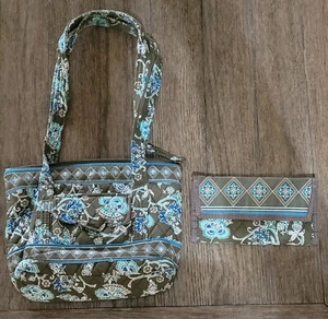 Tanya Lee Quilted Paisley Purse Shoulder Bag Handbag Matching Wallet Brown Blue - Picture 1 of 7