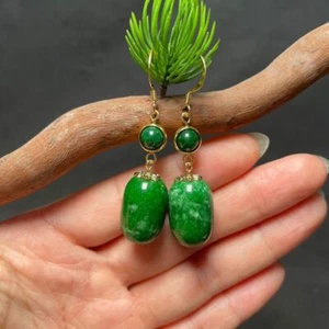 Green Natural Jade Bead Earrings Amulet Vintage 18K Gold Plated Real Jewelry - Picture 1 of 4
