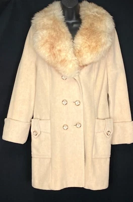 Abrigo de lana blanco vintage años 60, cuello de piel de oveja chaqueta de invierno años 70 XS S Foto 1 de 4