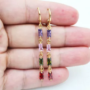 18K Yellow Gold Filled Women Rainbow Mystic Topaz Linear Dangle Earrings - Picture 1 of 4