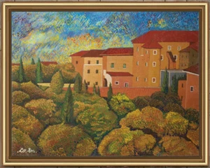 ARTE NAIF COLLINA TOSCANA BORGO DIVISIONISTA olio tavola ENRICO COPETTA COEN - Picture 1 of 2