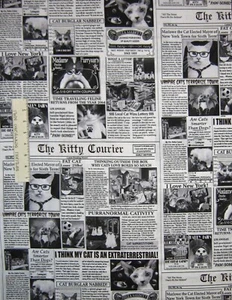 Pet Fabric - Black & White Cat Newspaper Funny Puns - Timeless Treasures YARD - Picture 1 of 1