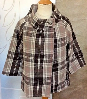 Girls M 8 Retro Wool SWING COAT 3/4 Sleeve CHOCOLATE BROWN PLAID Old Navy Casual - Image 1 of 3