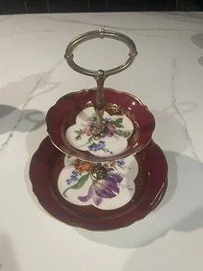 Gold Roses Lindner Echt Cobalt Kueps Bavaria West Germany 2 Tier Tidbit Tray - Picture 1 of 10