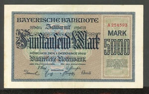 GERMANY 5000 MARK 1922 BAYERISCHE NOTENBANK  PICK # S925  VF-XF. - Picture 1 of 2