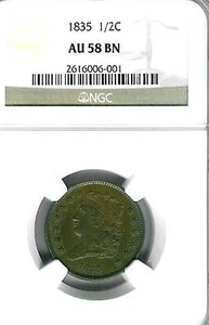 1835 Classic Head Half Cent : NGC AU58 - Picture 1 of 2