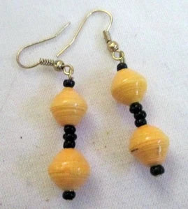 2" Drop Dangle Earrings Light Golden Orange Recycled Paper Bead Black Accent - Picture 1 of 2