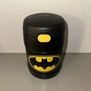 Batman 10 oz thermos in metallo caldo/freddo con coperchio e cucchiaio nero e giallo RARO pulito - Foto 1 di 4