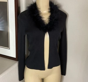 Vintage Ballinger Gold x Saks Fifth Avenue Ribbed Sweater Fur Collar Y2K Top S - Picture 1 of 8