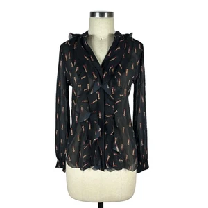 L’AGENCE Nadine Lipstick Crinkle Blouse Size XS NWT Ruffle Neck Cheeky Makeup - Picture 1 of 7