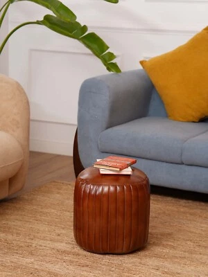 BBH HOMES HECHO A MANO ECOLÓGICO FORMA REDONDA RELLENO BÚFALO CUERO MARRÓN PUF Foto 1 de 4