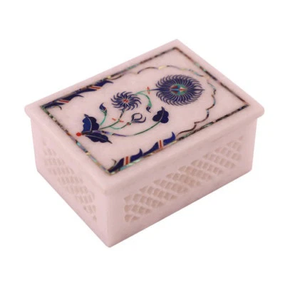 Marble Jewelry Box floral lapis floral Inlay semi precious Stones handmade - Image 1 of 4
